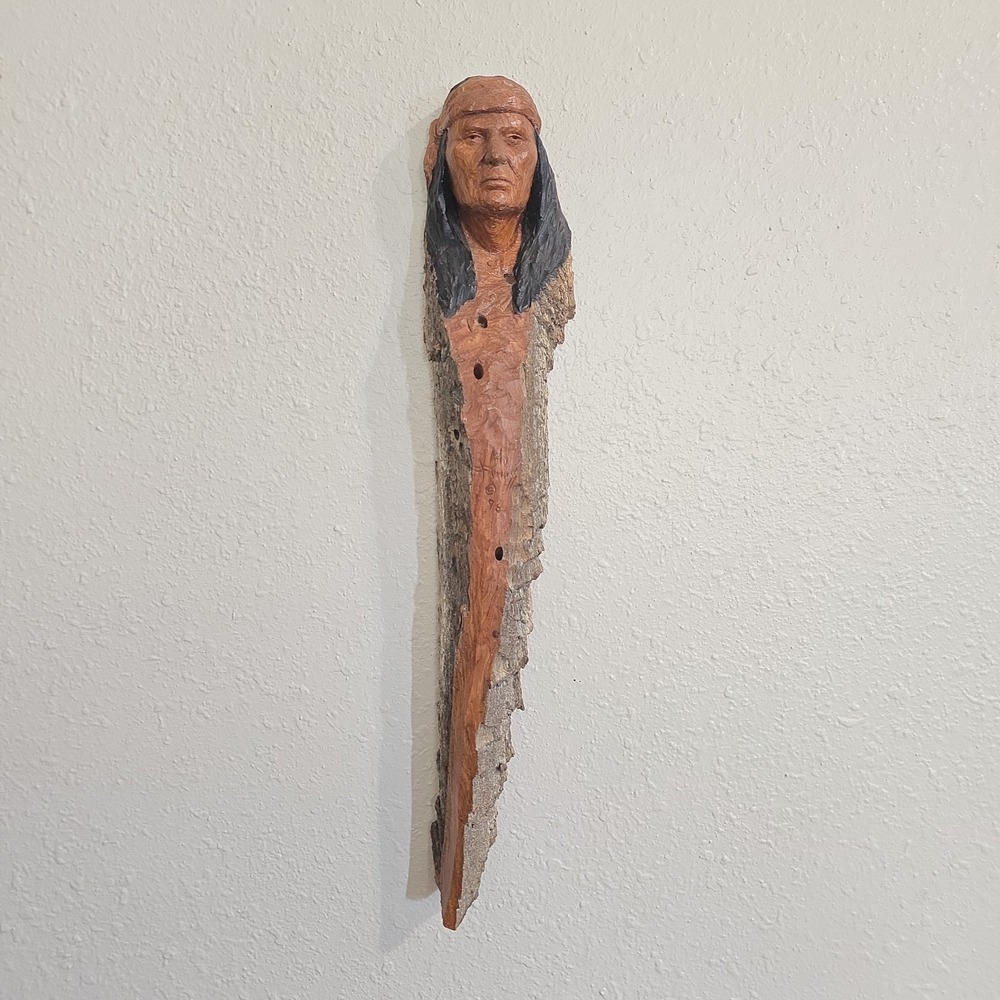 Arlo Furniss Hand-carved Wooden Native American Face Signed '96 Wall Hanging